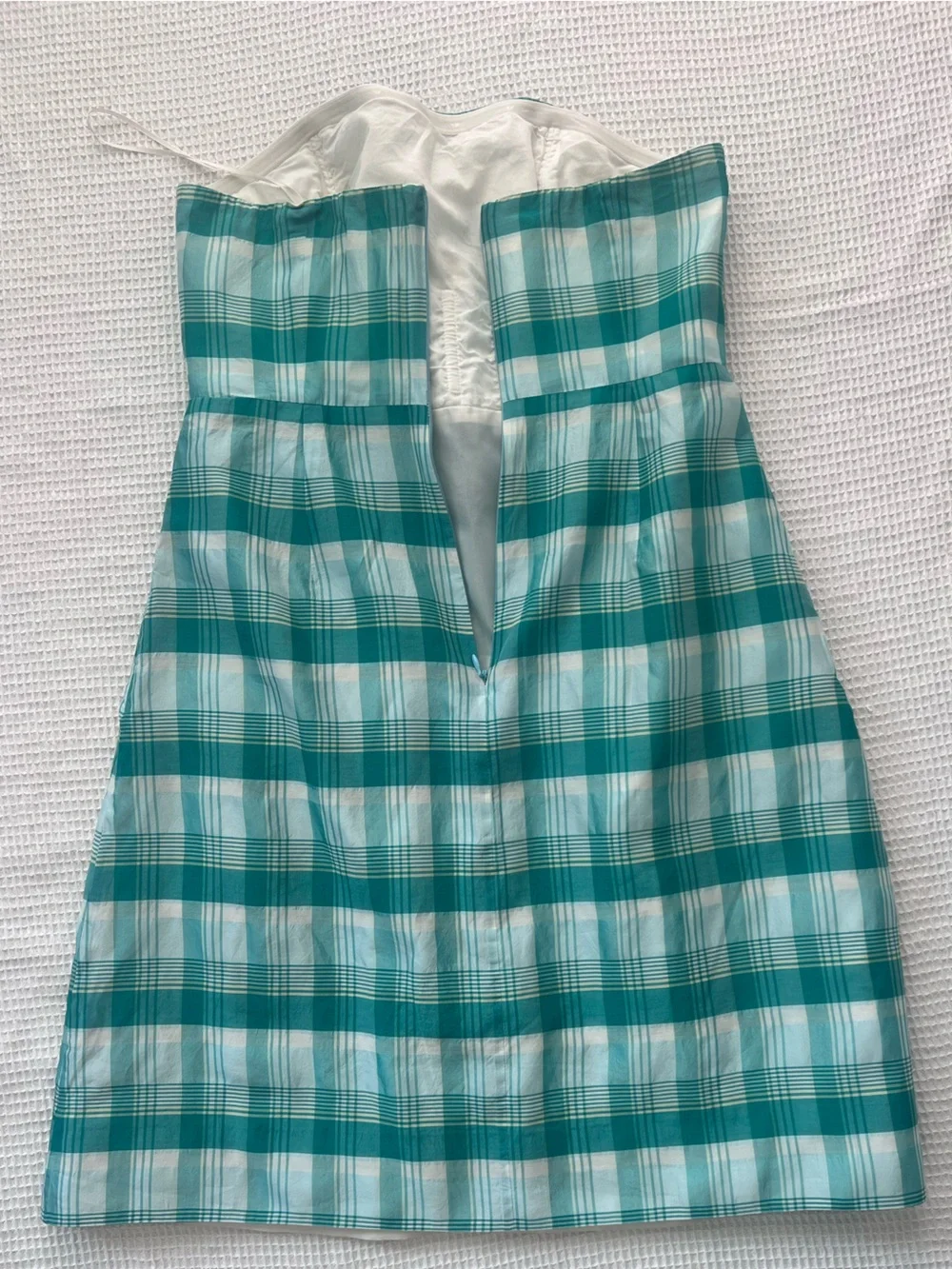 J.Crew Strapless Plaid Green White Silk Blend  Preppy Cottagecore Summer Dress 6